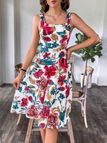 SHEIN Clasi Váy chữ A cổ vuông in hoa mùa xuân cho nữ - Nhiều màu - Xem 5