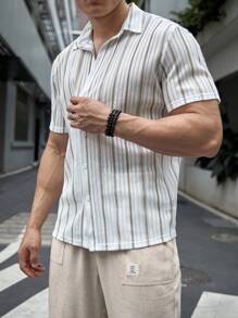 Manfinity VCAY Summer Casual Striped Short Sleeve Shirt - White - View 6