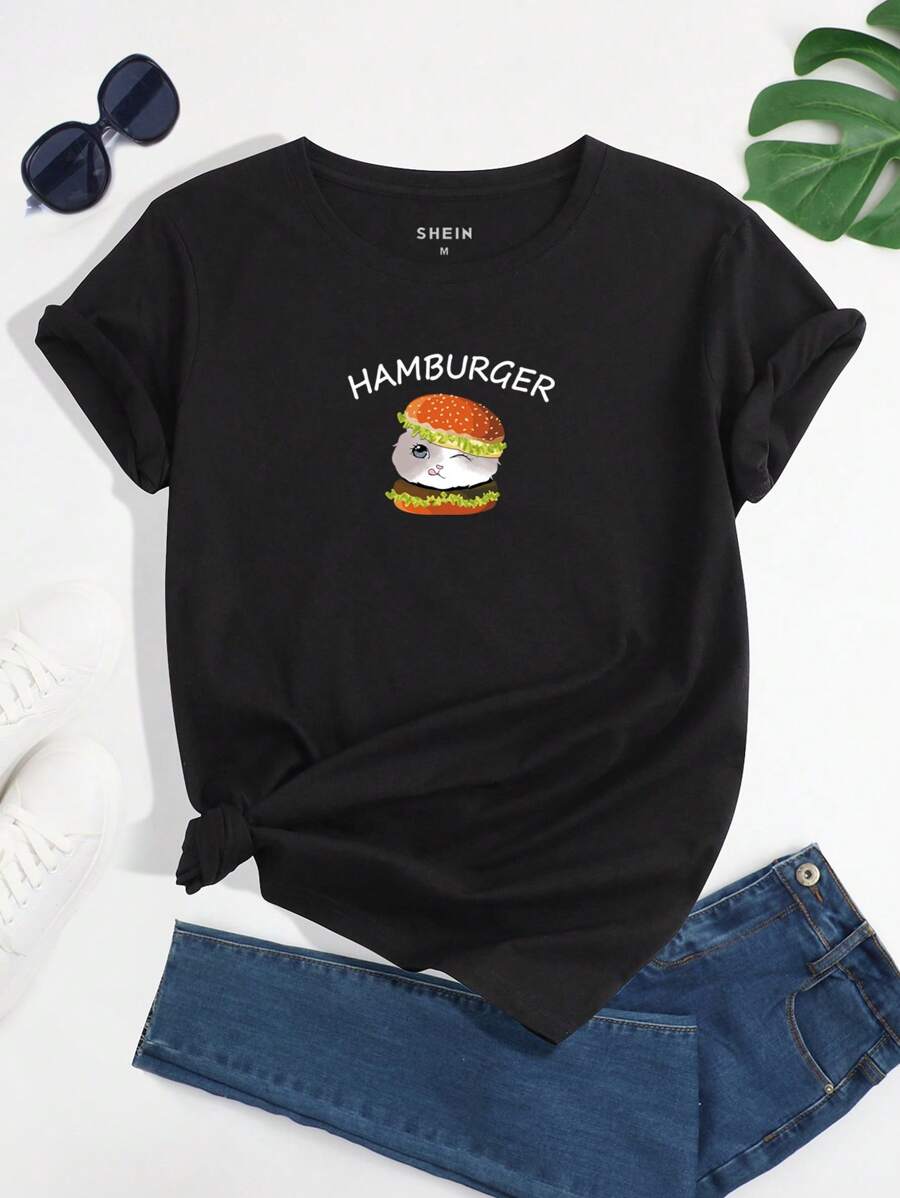 SHEIN EZwear 漢堡和字母圖案T恤 - 黑色 - 查看 1