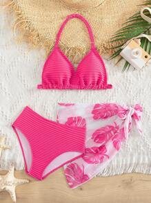 SHEIN Tween Girl Halter Triangle Bikini Set With Tropical Print Beach Skirt Summer Beach - Hot Pink - View 1