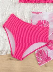 SHEIN Tween Girl Halter Triangle Bikini Set With Tropical Print Beach Skirt Summer Beach - Hot Pink - View 4