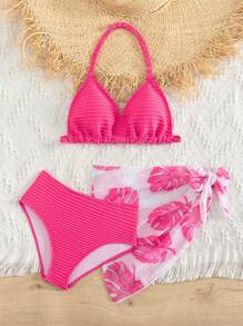 SHEIN Tween Girl Halter Triangle Bikini Set With Tropical Print Beach Skirt Summer Beach - Hot Pink - View 5