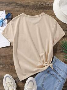 SHEIN Prenda informal para niña preadolescente con estampado de patrón de letrero de dibujos animados impreso en camiseta de manga corta - Caqui - Ver 2