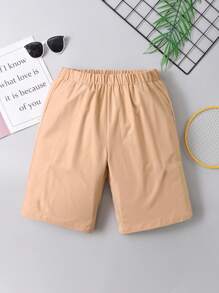 Manfinity 男士素色彈性腰帶短褲 - 卡其色 - 查看 1