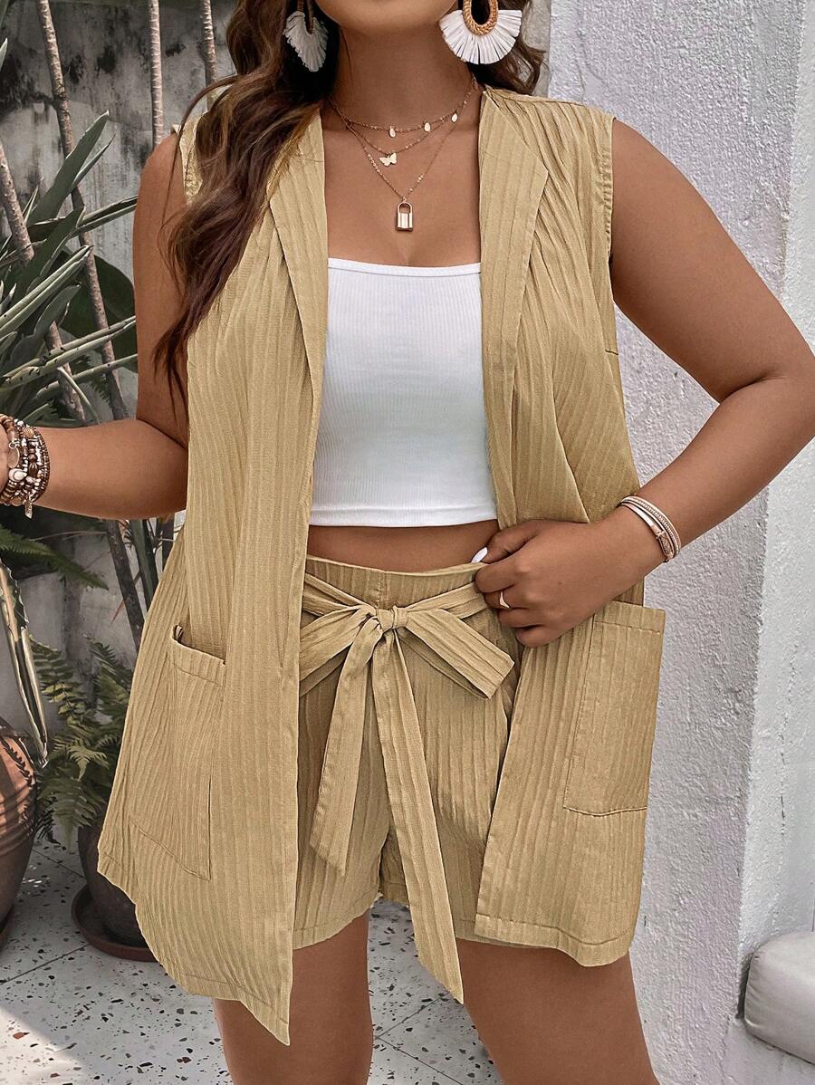 SHEIN LUNE Plus Dual Pocket Vest Coat & Belted Shorts