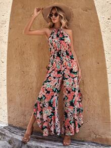 SHEIN VCAY 印花荷葉邊腰帶繞頸連體褲 - 彩色 - 查看 1