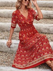 SHEIN Unity 滿版印花交疊領A字連衣裙