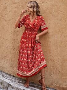 SHEIN Unity 滿版印花交疊領A字連衣裙