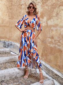 SHEIN Unity 筆刷圖案前扭結短款上衣和荷葉邊半身裙 - 彩色 - 查看 4