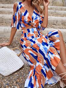 SHEIN Unity 筆刷圖案前扭結短款上衣和荷葉邊半身裙 - 彩色 - 查看 5