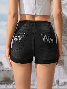 SHEIN Frenchy Ngọn lửa Thêu Cuộn lên Hem Quần short Denim - màu đen - Xem 2
