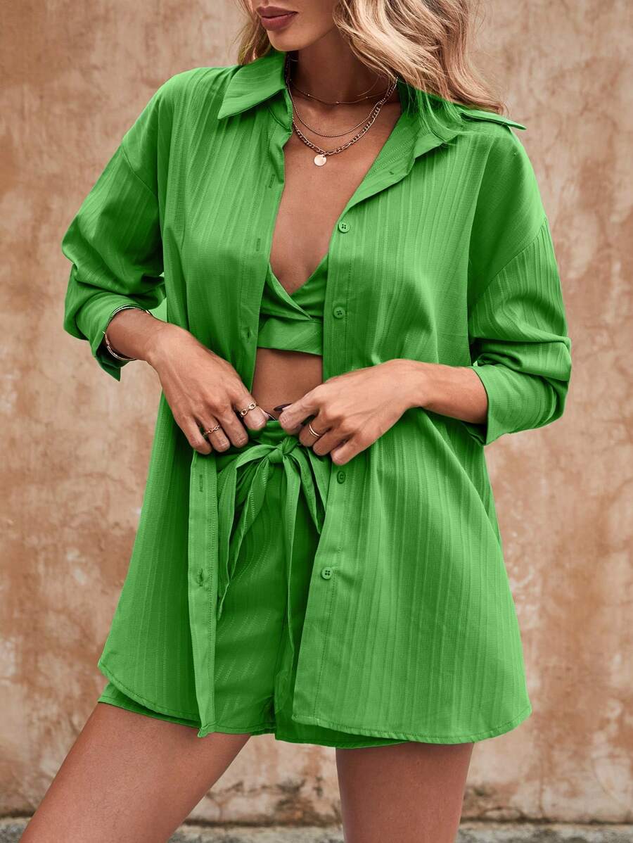 Breezaya Solid Drop Shoulder Shirt & Shorts & Crop Cami Top - Green - View 1