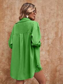 Breezaya Solid Drop Shoulder Shirt & Shorts & Crop Cami Top - Green - View 2