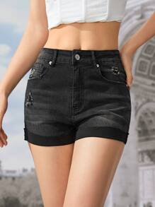 SHEIN Frenchy Ngọn lửa Thêu Cuộn lên Hem Quần short Denim - màu đen - Xem 4