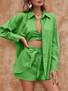 Breezaya Solid Drop Shoulder Shirt & Shorts & Crop Cami Top - Green - View 4