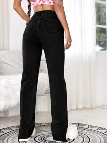 階梯式腰下擺開叉直筒牛仔褲 - 黑色 - 查看 3