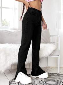 階梯式腰下擺開叉直筒牛仔褲 - 黑色 - 查看 4