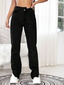 階梯式腰下擺開叉直筒牛仔褲 - 黑色 - 查看 5