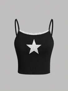SHEIN Teen Girl Star Print Contrast Lace Cami Top - Black - View 1