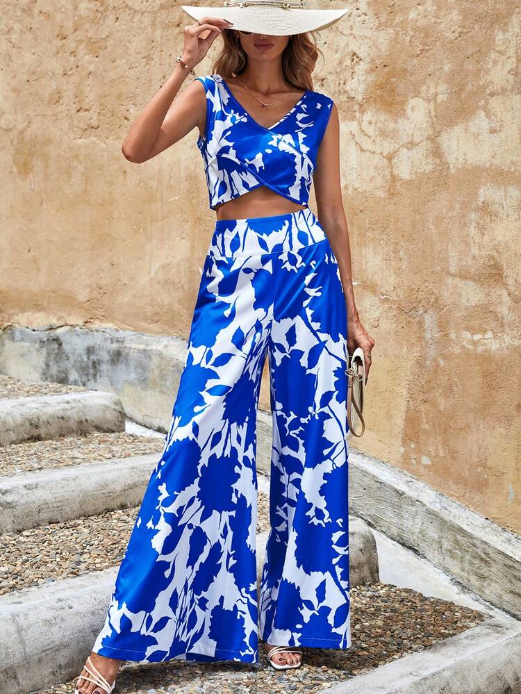SHEIN VCAY Imprimé Floral Top Sans Manches Court & Pantalon Ample - Bleu et Blanc - Voir 4