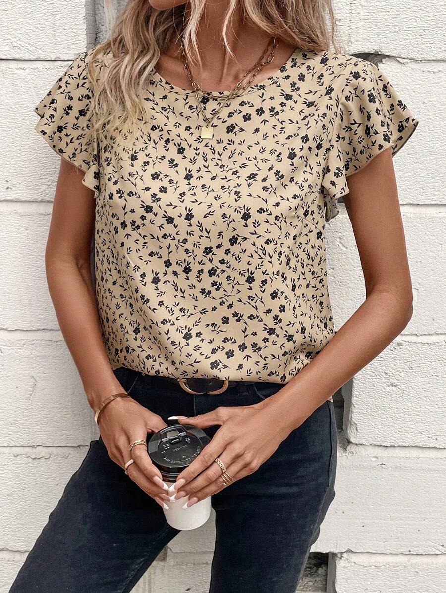 SHEIN LUNE 女款花卉印花荷葉袖襯衫 - 卡其色 - 查看 1