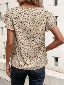 SHEIN LUNE 女款花卉印花荷葉袖襯衫 - 卡其色 - 查看 2