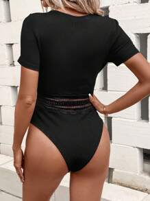 SHEIN Clasi 素色蕾絲拼接連體衣 - 黑色 - 查看 2