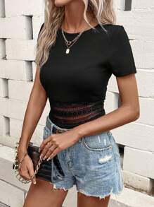 SHEIN Clasi 素色蕾絲拼接連體衣 - 黑色 - 查看 4