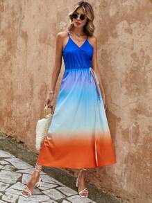 SHEIN Unity Vestido de tirantes de ombré con nudo lateral bajo cruzado - Multicolor - Ver 4