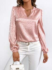 SHEIN Privé 豹紋提花缺口領燈籠袖緞面襯衫 - 粉色 - 查看 1