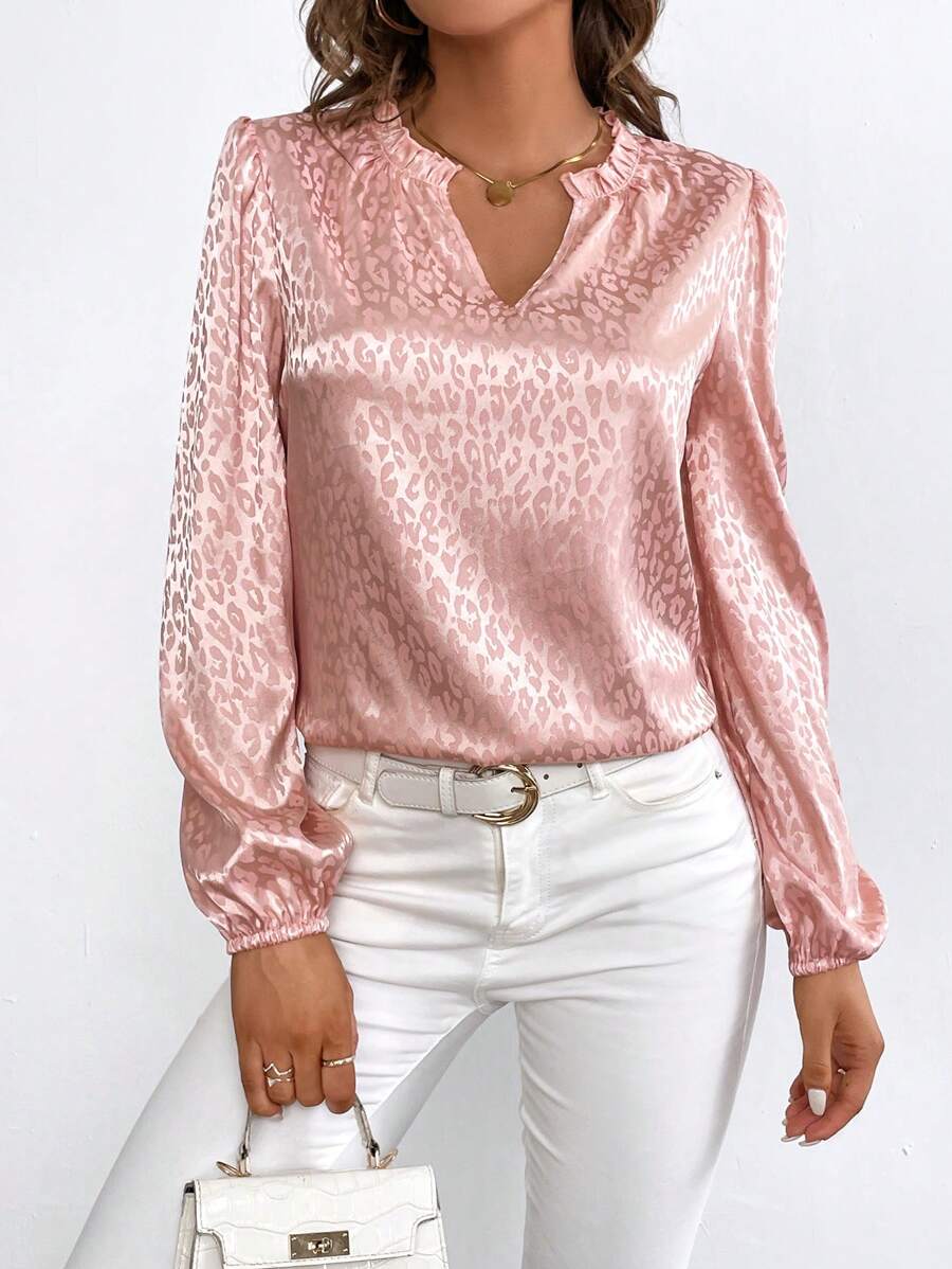 SHEIN Privé 豹紋提花缺口領燈籠袖緞面襯衫 - 粉色 - 查看 1