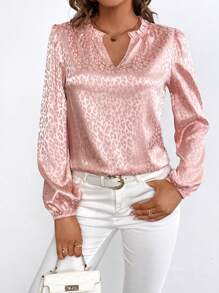 SHEIN Privé 豹紋提花缺口領燈籠袖緞面襯衫 - 粉色 - 查看 4