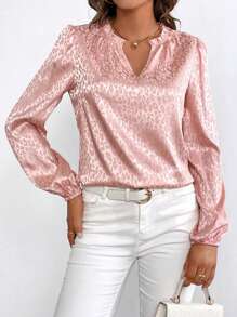 SHEIN Privé 豹紋提花缺口領燈籠袖緞面襯衫 - 粉色 - 查看 5