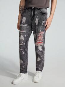 ROMWE MEN Street Life Các bạn Rách Frayed In Splash Ink Quần jean - Màu xám đen - Xem 1