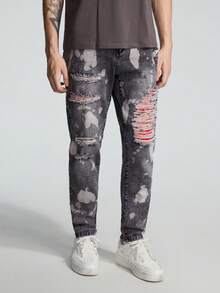ROMWE MEN Street Life Các bạn Rách Frayed In Splash Ink Quần jean - Màu xám đen - Xem 4