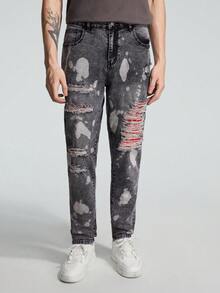 ROMWE MEN Street Life Các bạn Rách Frayed In Splash Ink Quần jean - Màu xám đen - Xem 5