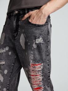 ROMWE MEN Street Life Các bạn Rách Frayed In Splash Ink Quần jean - Màu xám đen - Xem 6