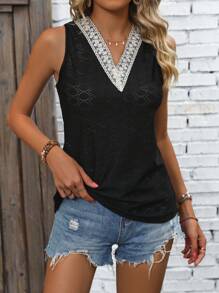 SHEIN LUNE Guipure Ren tương phản Áo ba lỗ - màu đen - Xem 2