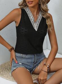 SHEIN LUNE Guipure Ren tương phản Áo ba lỗ - màu đen - Xem 1