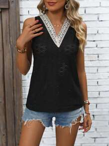 SHEIN LUNE Guipure Ren tương phản Áo ba lỗ - màu đen - Xem 4