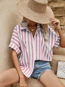 SHEIN VCAY 條紋印花蝙蝠袖襯衫 - 淺粉色 - 查看 1