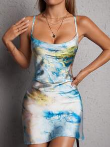 SHEIN PETITE Marbled Criss Cross Backless Chiffon Cami Dress - Multicolor - View 1