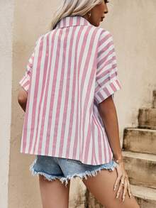 SHEIN VCAY 條紋印花蝙蝠袖襯衫 - 淺粉色 - 查看 2