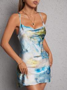 SHEIN PETITE Marbled Criss Cross Backless Chiffon Cami Dress - Multicolor - View 4