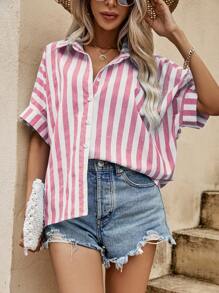 SHEIN VCAY 條紋印花蝙蝠袖襯衫 - 淺粉色 - 查看 5