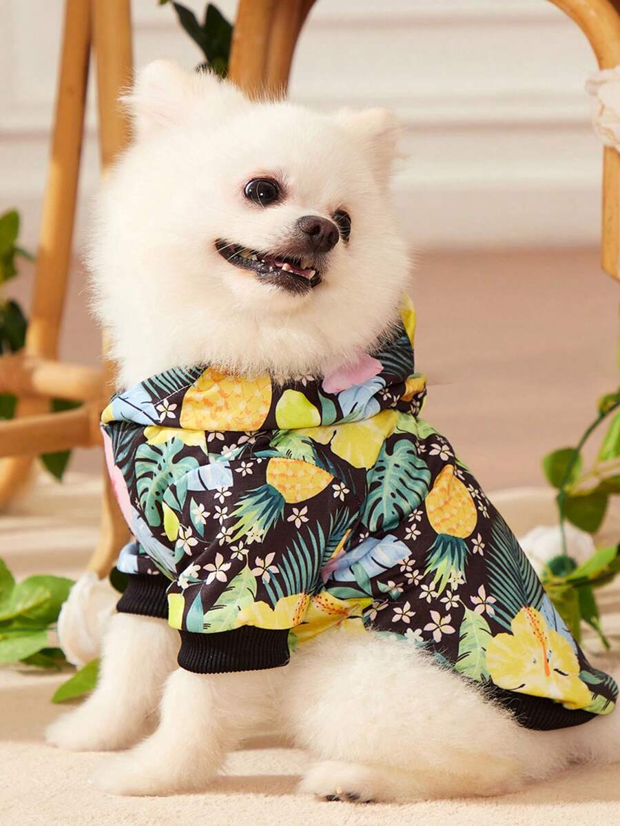Doodleandpattern 1入組織物花和鳳梨樣式寵物連帽衫適用於狗狗和貓適用於寒冷天氣 - 彩色 - 查看 1