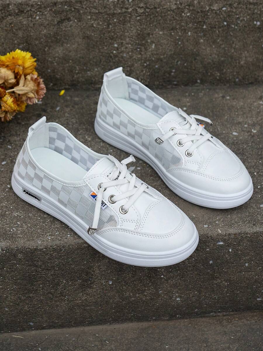 運動戶外運動鞋適合女士,千鳥格圖案前綁帶板鞋 - 白色 - 查看 1