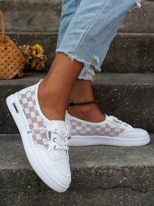 運動戶外運動鞋適合女士,千鳥格圖案前綁帶板鞋 - 白色 - 查看 2