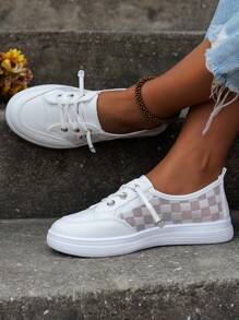 運動戶外運動鞋適合女士,千鳥格圖案前綁帶板鞋 - 白色 - 查看 3