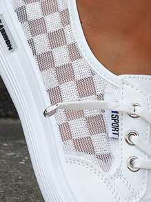 運動戶外運動鞋適合女士,千鳥格圖案前綁帶板鞋 - 白色 - 查看 4